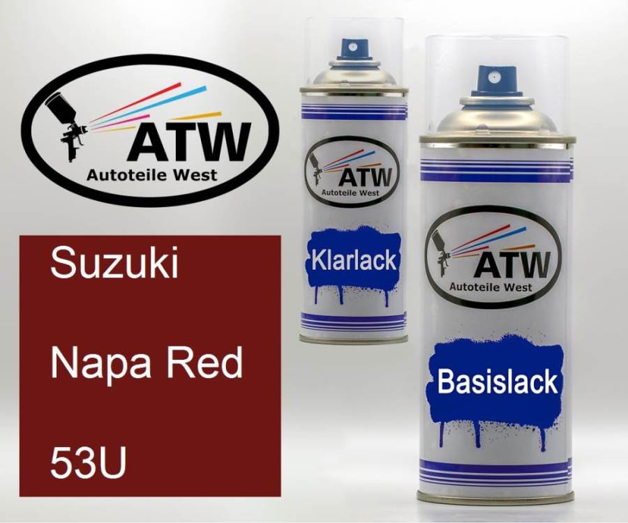 Suzuki, Napa Red, 53U: 400ml Sprühdose + 400ml Klarlack - Set, von ATW Autoteile West.